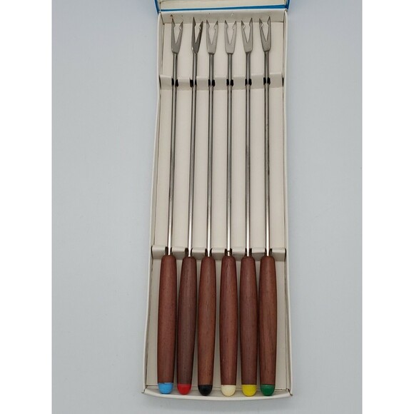 MCM Stainless Steel Japan Fondue Forks Color Coded Teak Wood Handles NIB 6 Piece - Picture 5 of 12